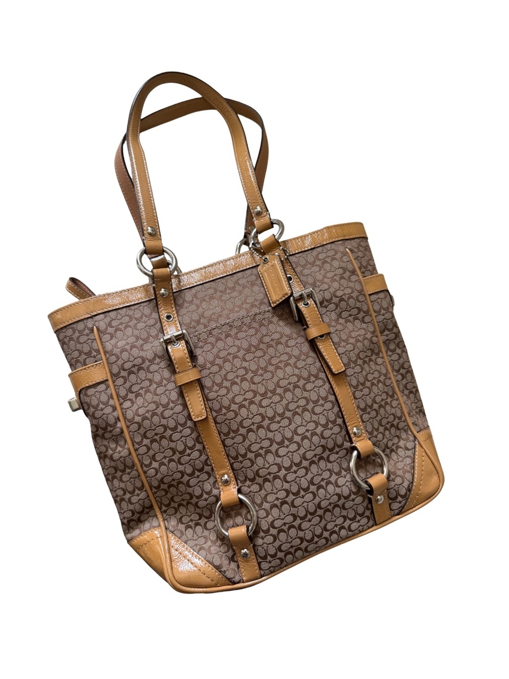 Coach Signature Jacquard Soho Tote Bag Tan Brown Patent Leather Trim F12311